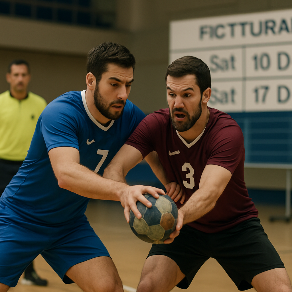 Handball players compete in an indoor court, with a fixture board in the background