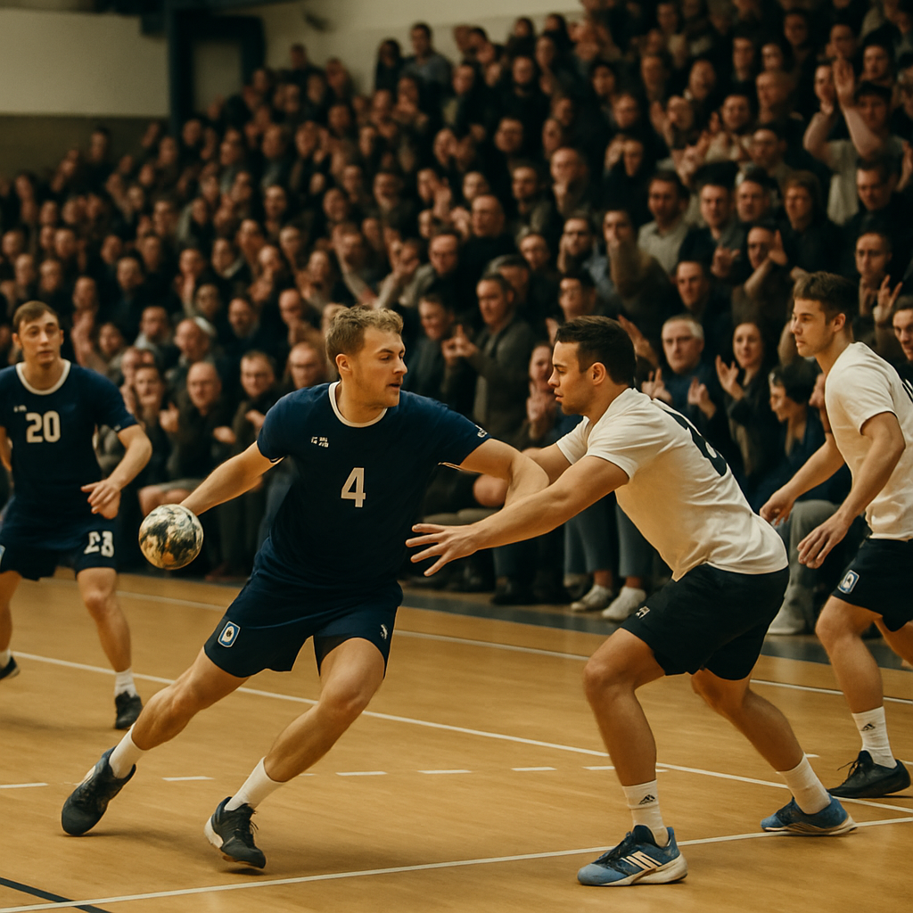 Players press forward during a local handball home game as supporters cheer from close