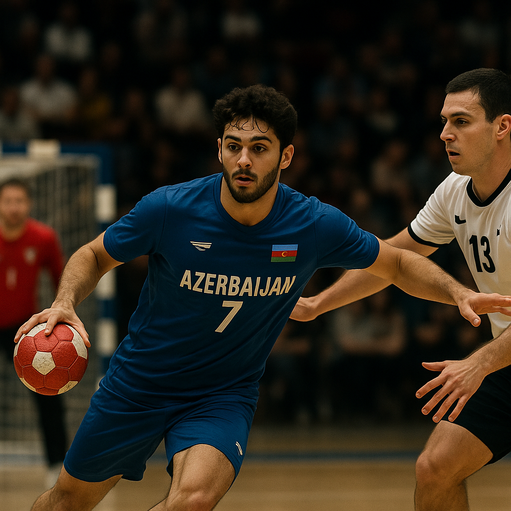 An Azerbaijani handball player attacks goal as a disciplined defender blocks the lane and