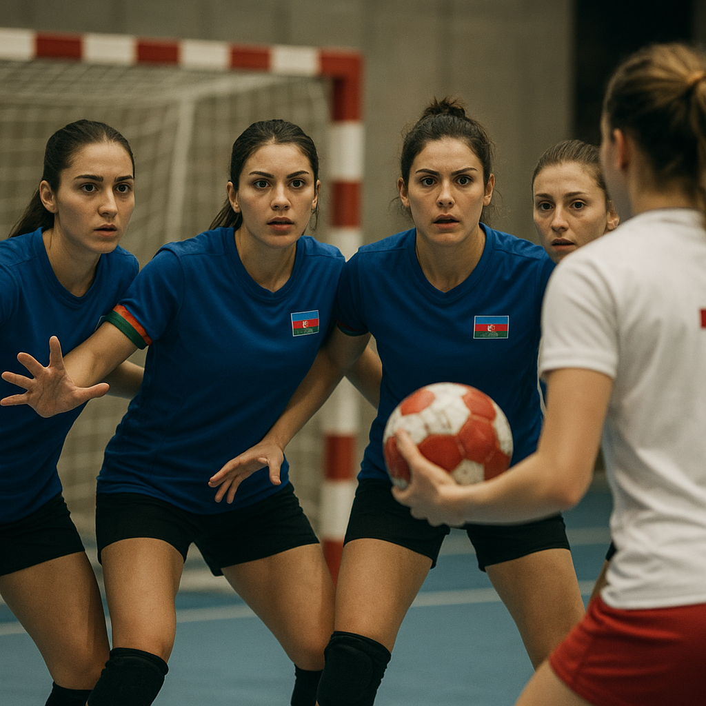 Azerbaijan’s handball team holds a disciplined defensive line during a tense qualifying match.