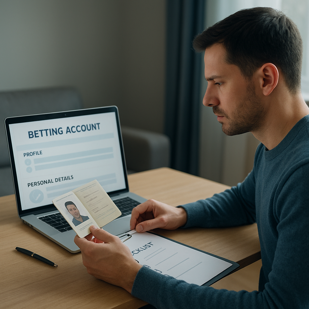An adult checks profile details on a laptop against an identity document and checklist
