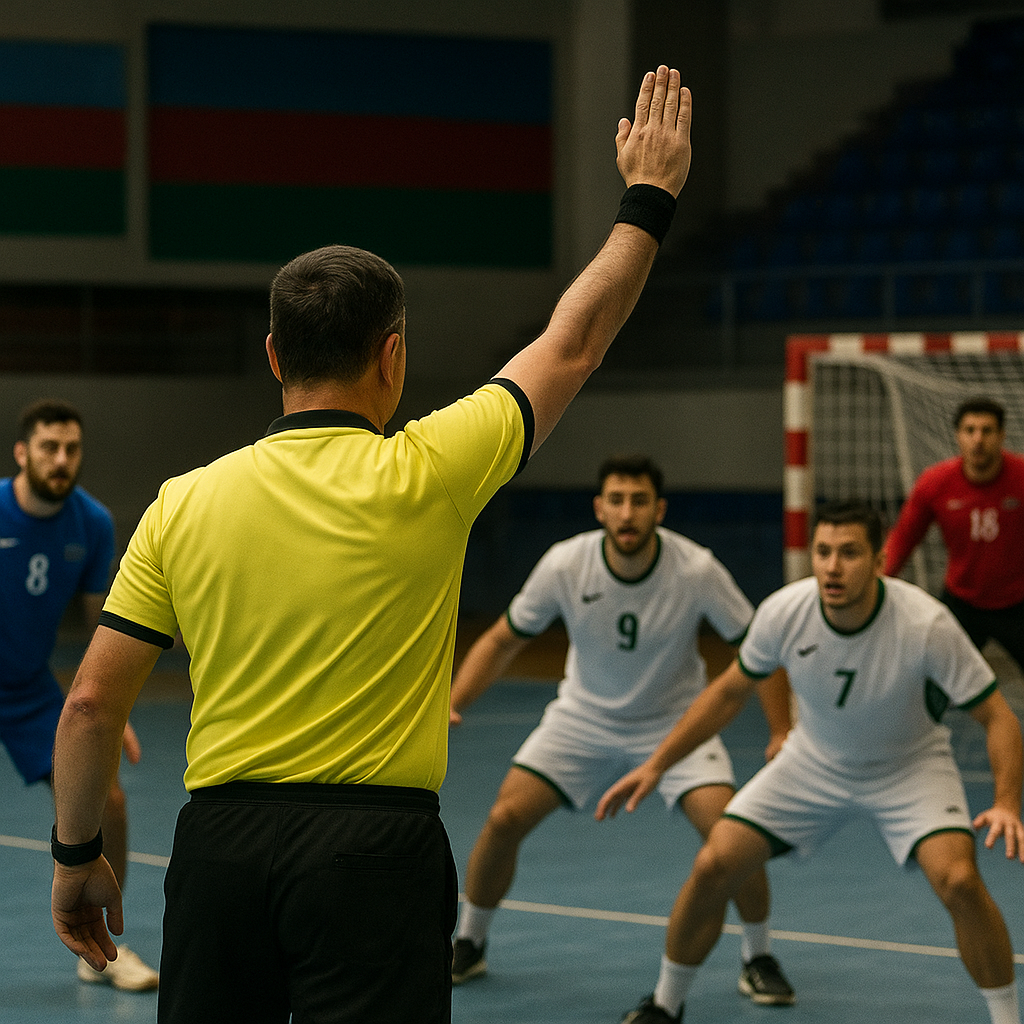 An Azerbaijani handball referee signals during a fast-paced match as players react near the