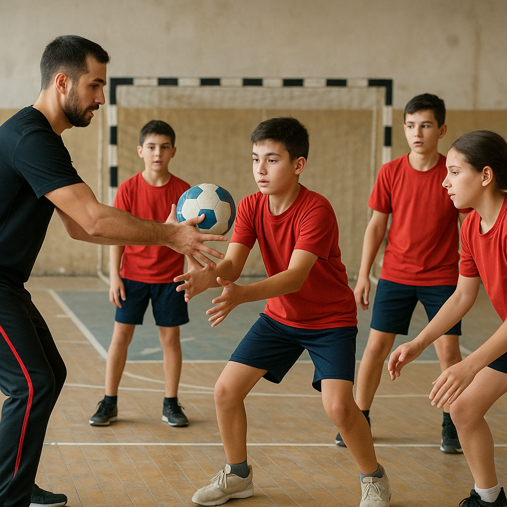 School-age handball players practise a passing drill with their coach in a regional Azerbaijani