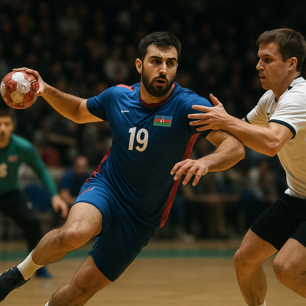 An Azerbaijani handball attacker challenges a defender as the goalkeeper prepares to block a