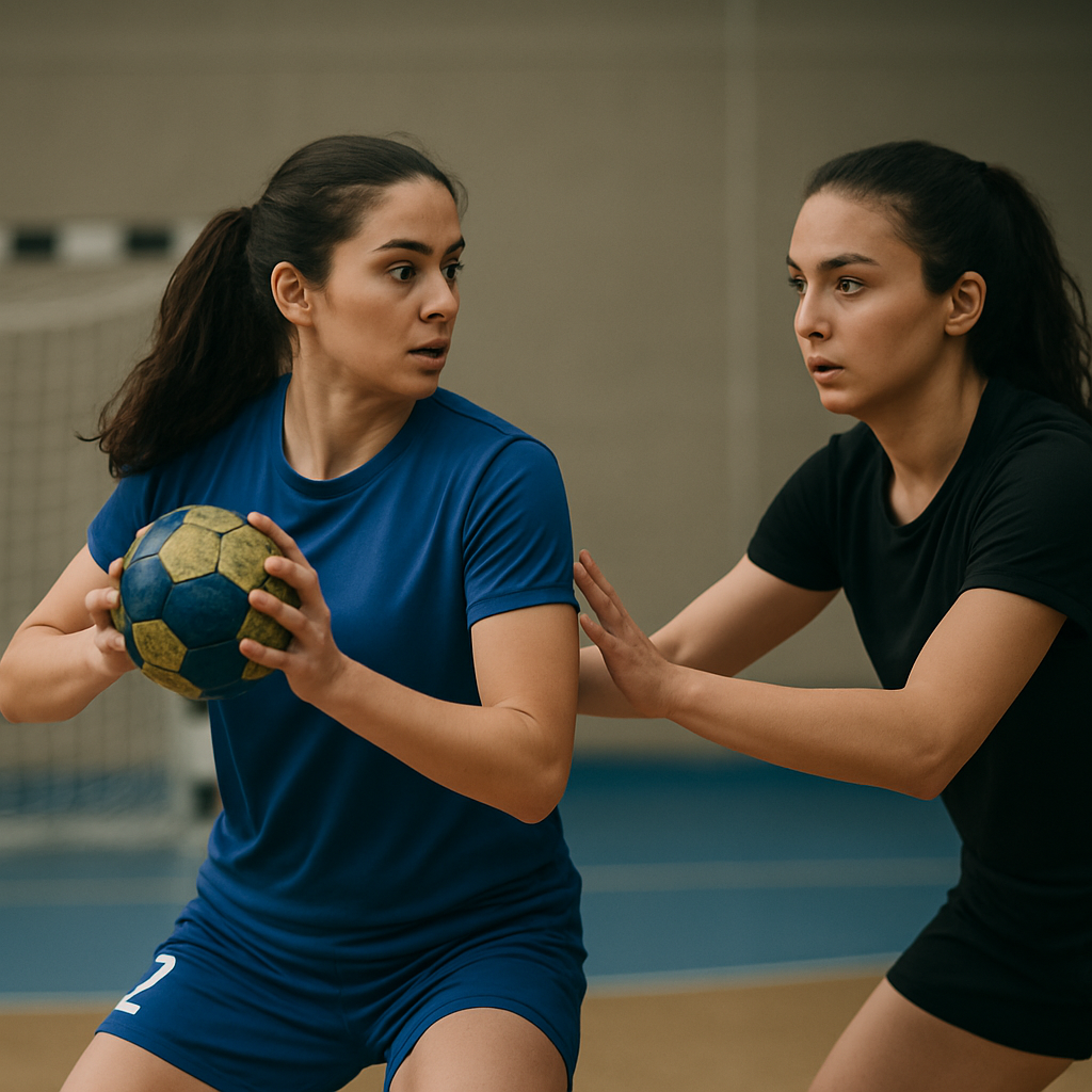 Two women handball players compete during an indoor match, illustrating the 20th round of