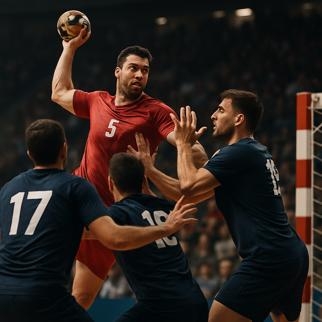 A handball attacker leaps toward goal as defenders and the goalkeeper prepare to stop