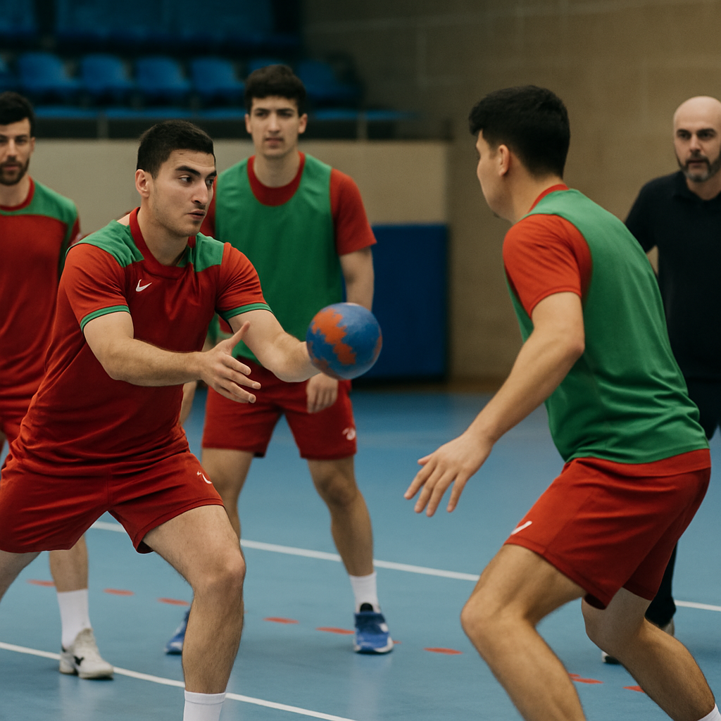 Azerbaijan handball players rehearse a tactical passing play during indoor training.