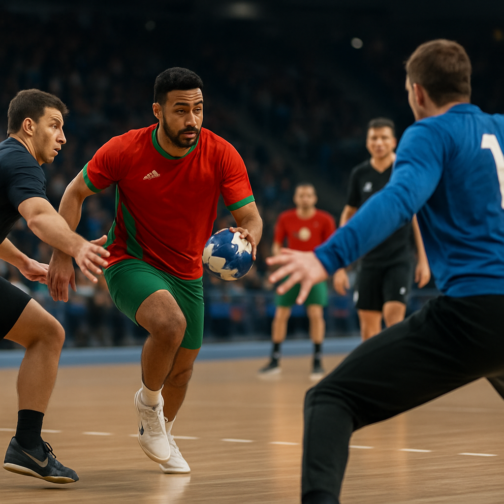 An Azerbaijani handball player attacks the goal under pressure in a fast-paced European cup