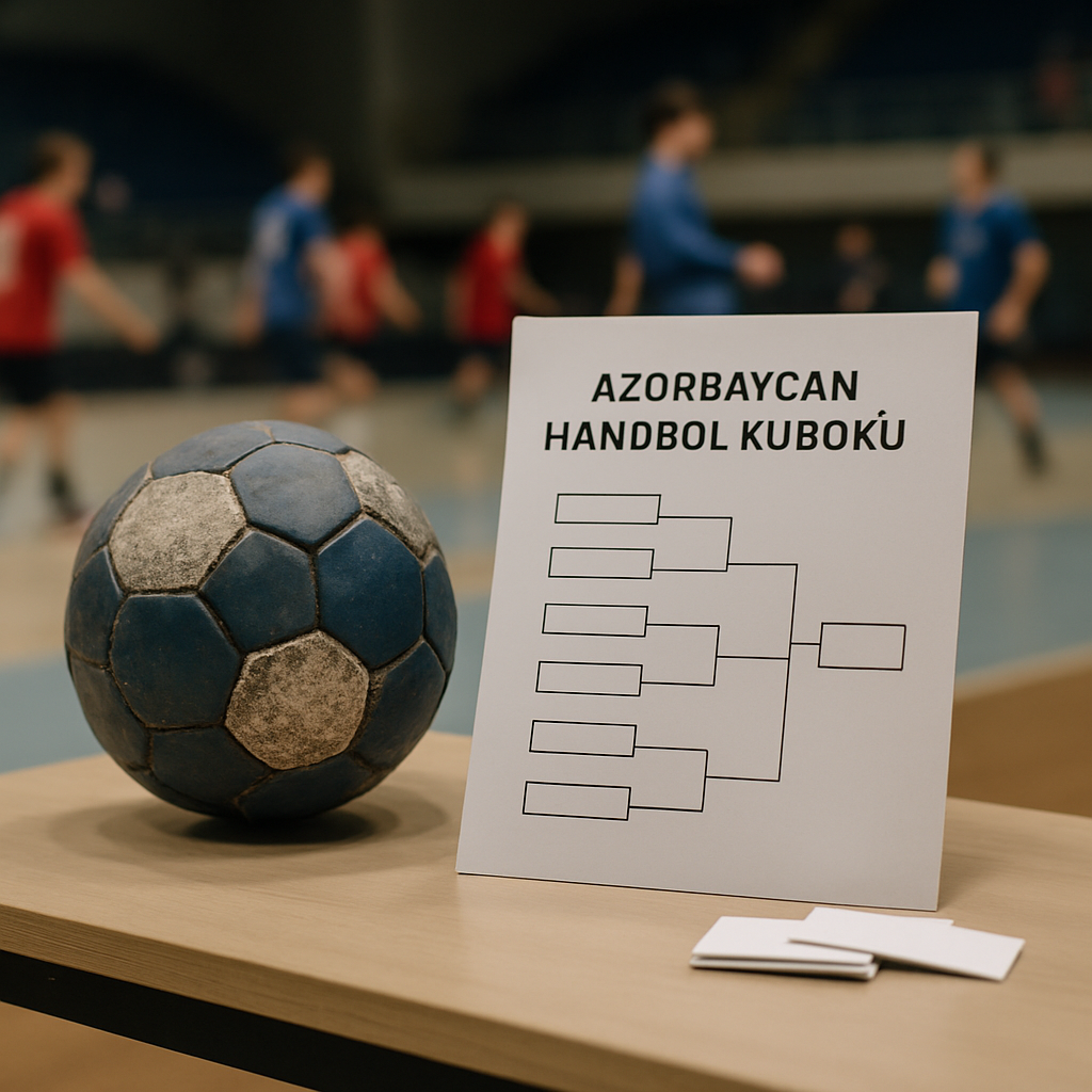 A handball and draw slips beside a tournament fixture sheet, with players warming up
