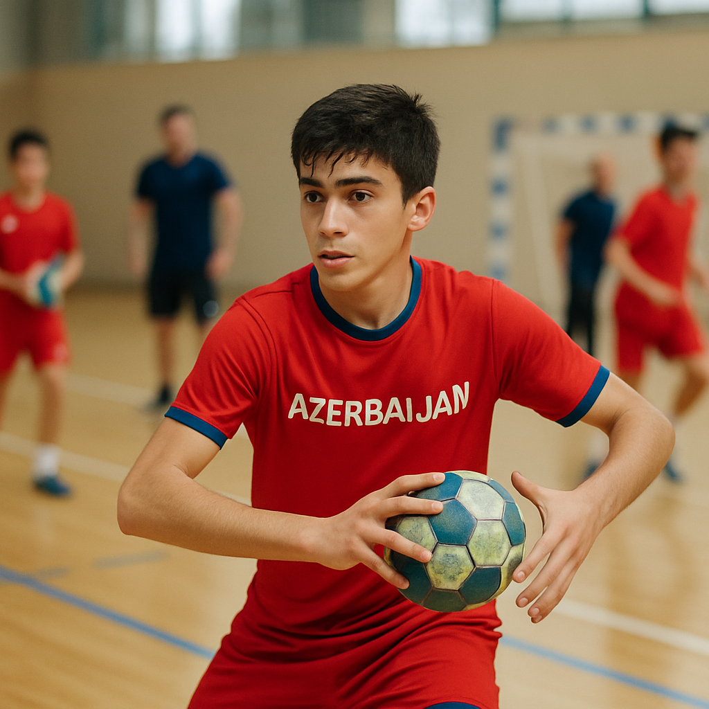Azerbaijani teenage handball players practice passing and team skills during a youth squad training