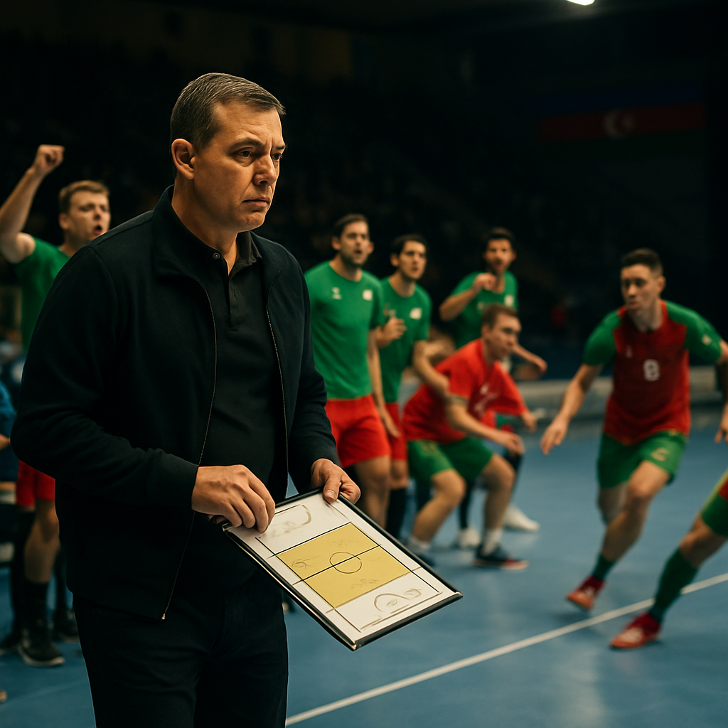 An Azerbaijani handball coach studies a tactics board as substitutes prepare and players attack