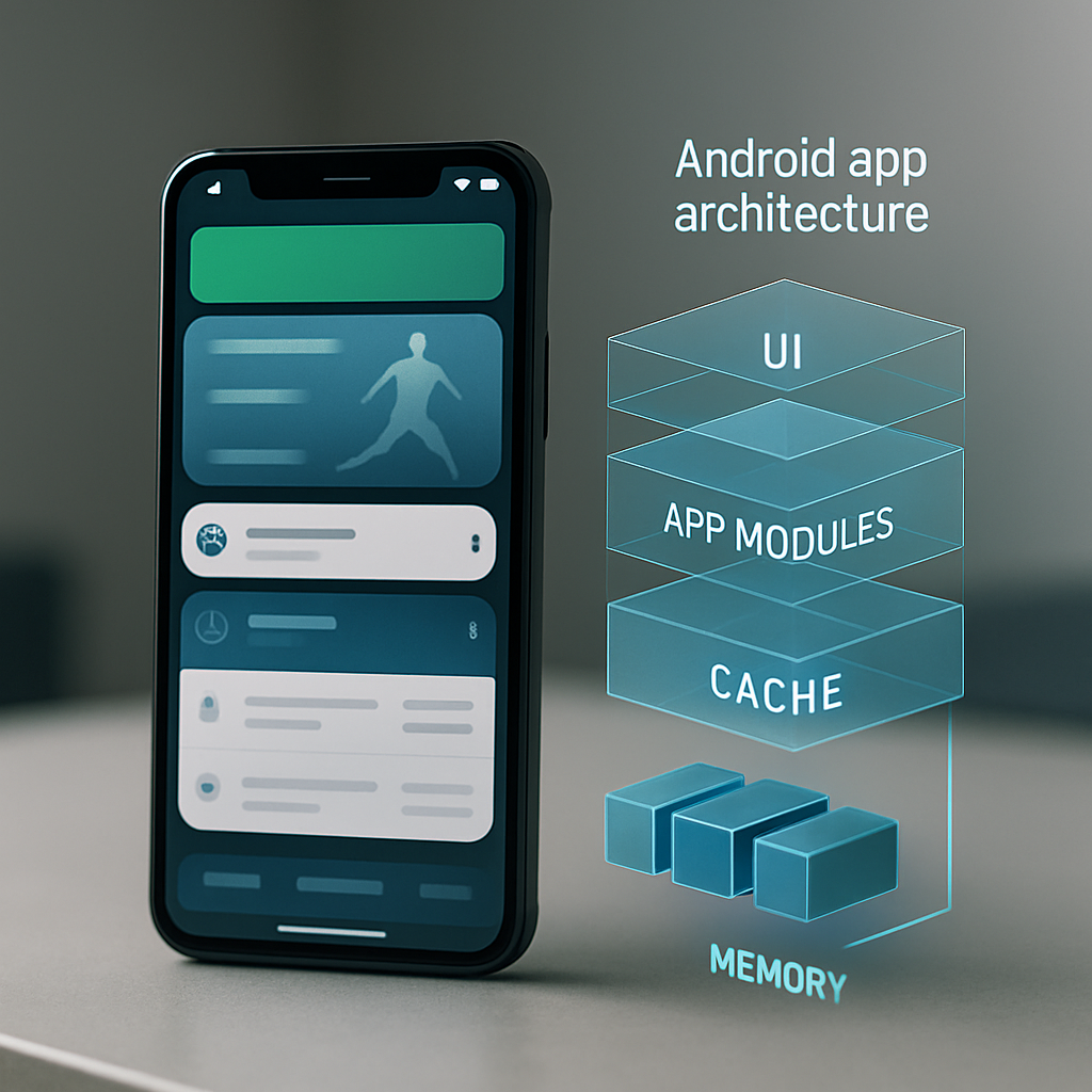 Android phone beside a subtle visualization of app architecture, cache, and RAM flow.